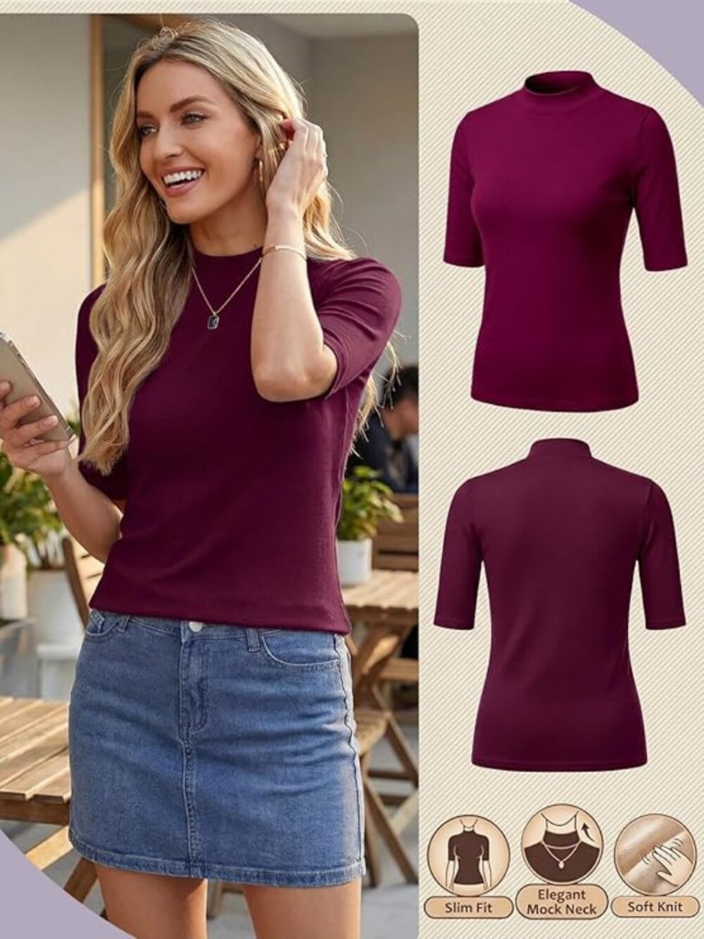 Burgundy Mock Neck Short Sleeve Shirt